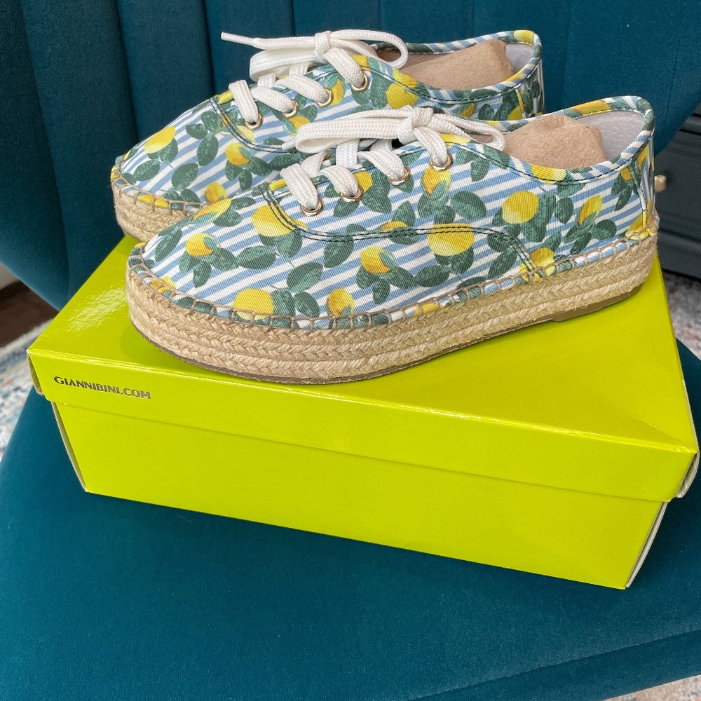 New Gianni Bini Blue Stripes Lemon Espadrilles Lace up Sneakers